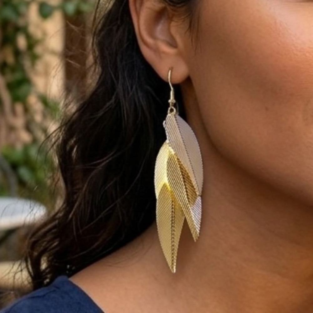 Gold Leaf Tiered Drop Earrings New Golden Willow Boutique Dangle Statement 3.5"